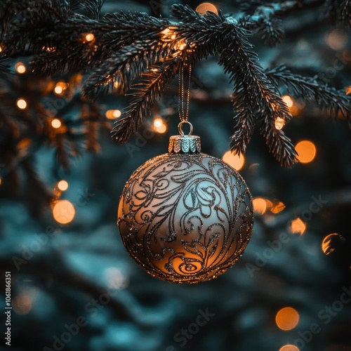 A beautifully detailed close-up of a shimmering Christmas ornament hanging on a tree branch adorned with twinkling lights