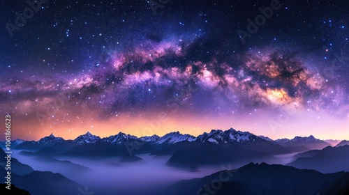 A breathtaking view of a starry night sky with the Milky Way arching over serene mountains enveloped in a soft mist.