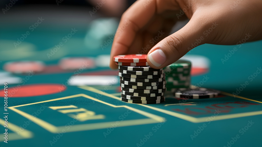 Closeup of Hand Placing Chips on a Casino Table, gambling, poker, game, fingers, bet