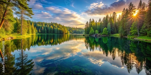 Crystal clear lake surrounded by tall trees and lush greenery at sunset, serene landscape, sun setting, nature, reflection, forest