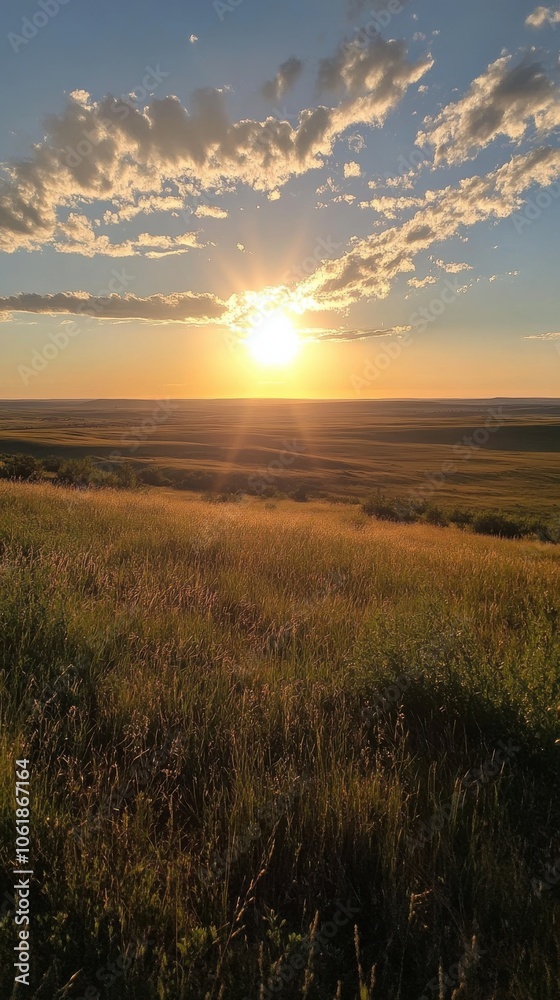 A sunset illuminating vast grassy plains with vibrant clouds stretching across the horizon at dusk A sunset illuminating vast grassy plains with vibrant clouds stretching across the horizon at dusk
