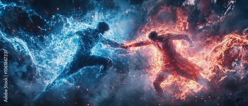 Dynamic clash of elemental forces representing ice and fire, captured in a dramatic struggle between two powerful beings