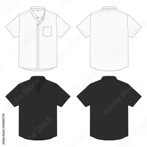 Short sleeve shirt mockup technical drawing front back view