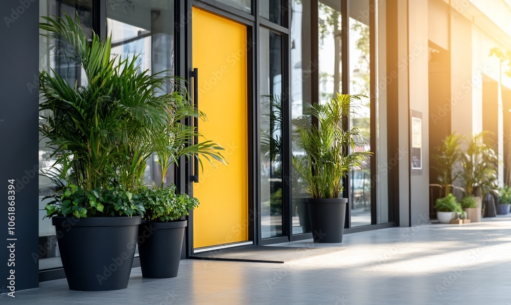 Modern storefront with a yellow door and potted plants. Modern storefront with a yellow door and potted plants.