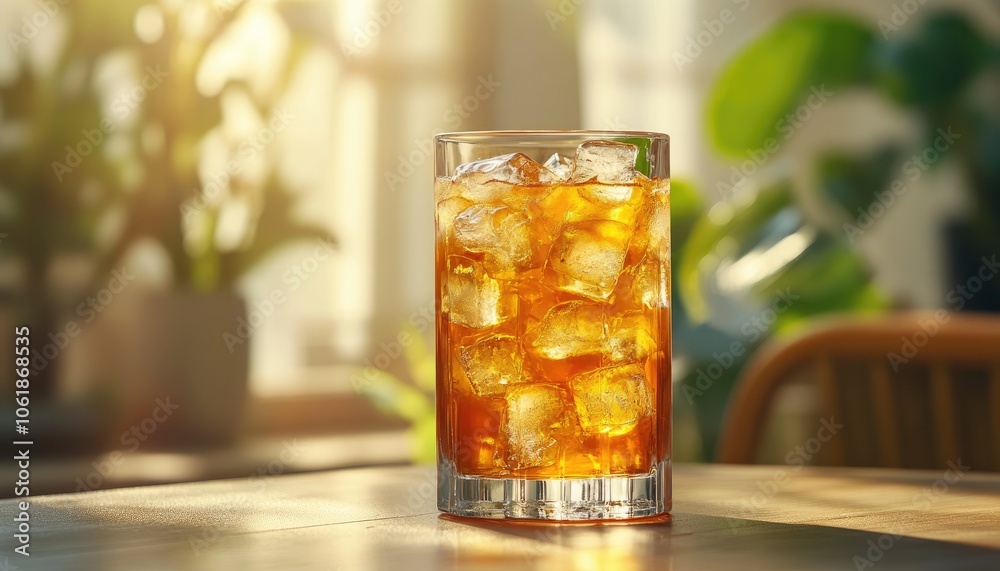 Iced Tea in a Glass on a Wooden Table with a Sunny Blurred Background Iced Tea in a Glass on a Wooden Table with a Sunny Blurred Background