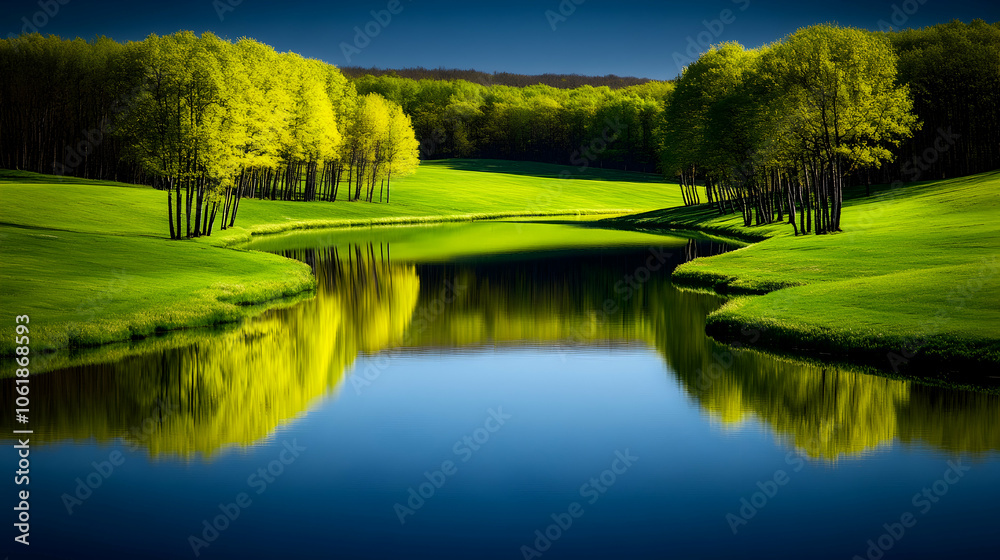 Fototapeta premium Serene Lake Reflection in a Lush Green Meadow, river, water, trees, forest, grass