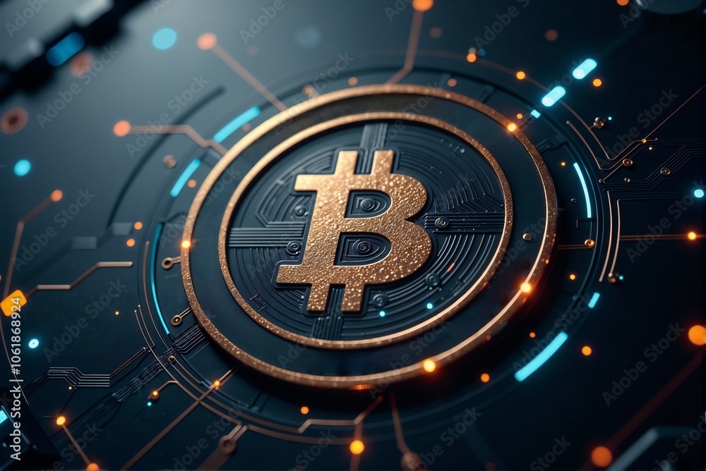 Close up of a bitcoin symbol in a circle on a dark background
