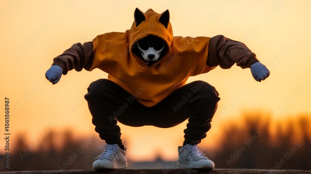 Obraz premium Person in fox mask and behaving like a fox with parkour skills. Quadrobber culture