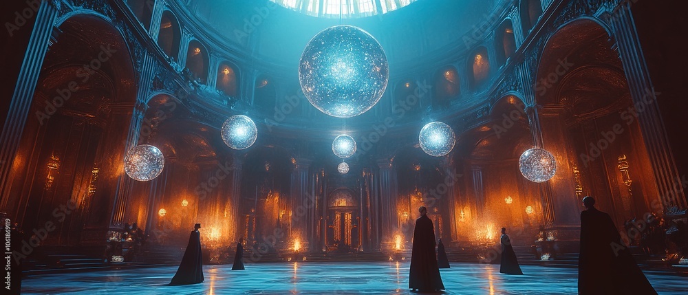 Magical gathering of robed figures under glowing orbs in an enchanting hall during an evening celebration Magical gathering of robed figures under glowing orbs in an enchanting hall during an evening celebration