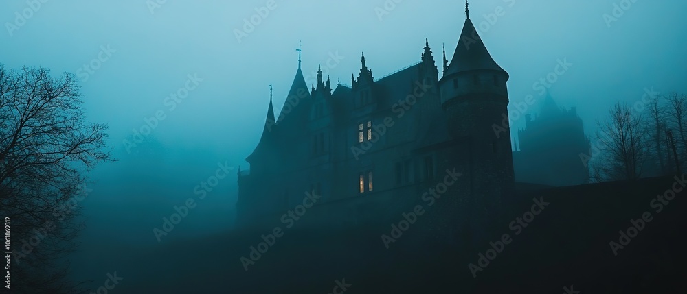 A mysterious castle shrouded in mist glimmers in the moonlight on a foggy night in the remote countryside A mysterious castle shrouded in mist glimmers in the moonlight on a foggy night in the remote countryside