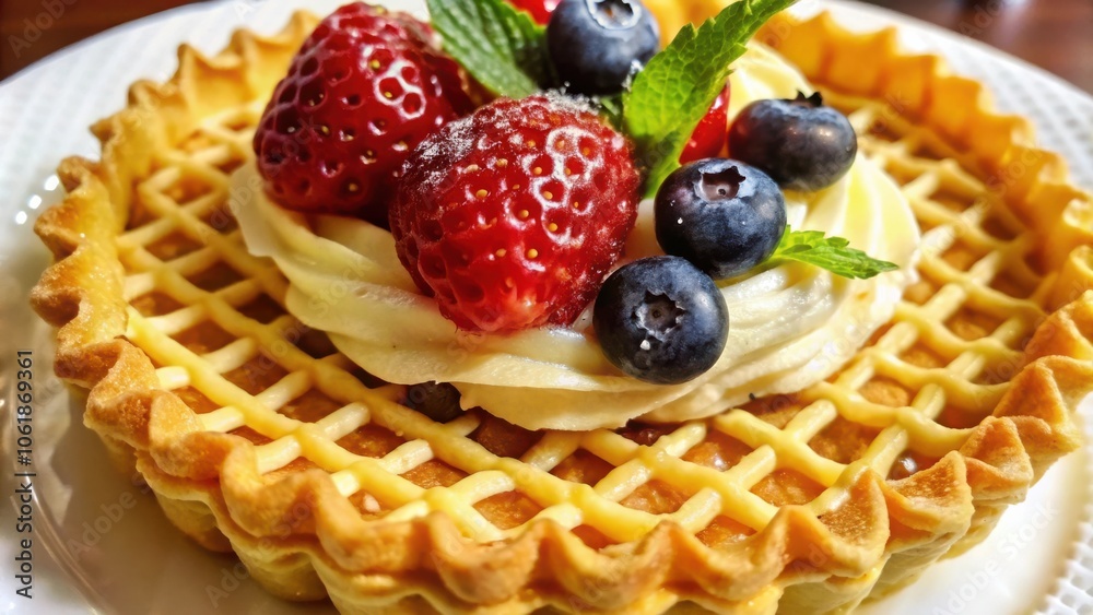 A close-up of a mini tart with a lattice crust, topped with whipped cream, fresh strawberries, and blueberries. The tart is sitting on a white plate. A close-up of a mini tart with a lattice crust, topped with whipped cream, fresh strawberries, and blueberries. The tart is sitting on a white plate.