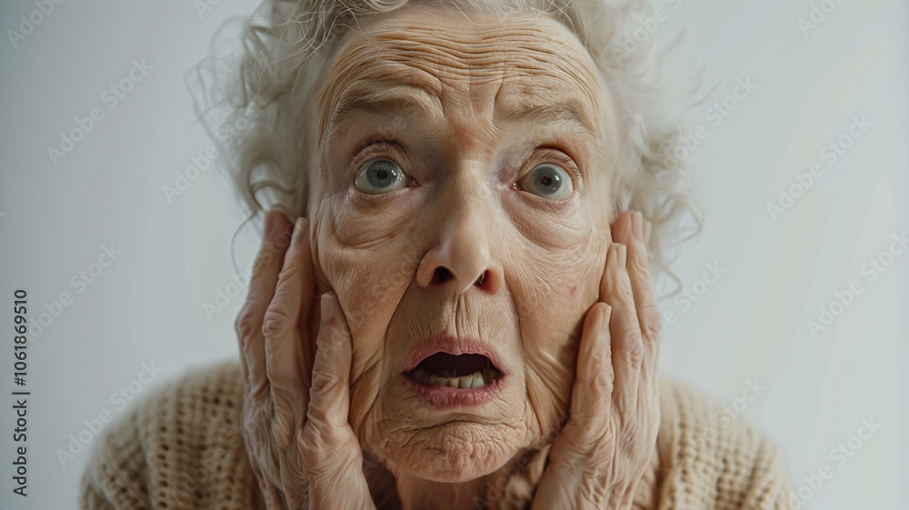 Close-up portrait of an elderly woman in a state of shock, her eyes wide open and hands pressed to her cheeks, highlighting emotion and intricate facial details Close-up portrait of an elderly woman in a state of shock, her eyes wide open and hands pressed to her cheeks, highlighting emotion and intricate facial details