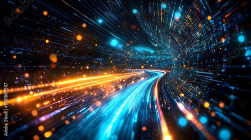 A digital tunnel of streaming light particles, with blue and orange tones, representing speed and futuristic data flow photo