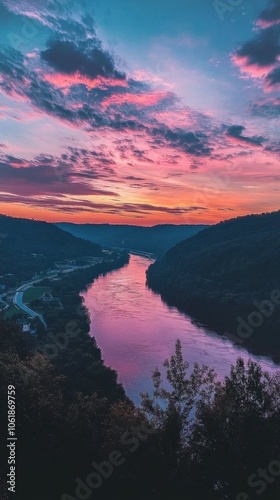 Stunning sunset over the Kanawha River reflecting vibrant hues near Charleston, West Virginia during early evening hours photo