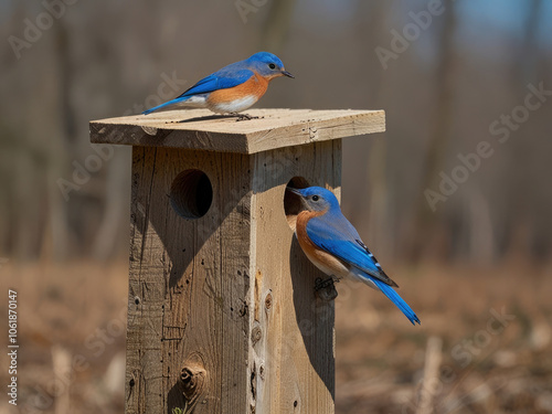 A pair of Eastern Bluebirds on a nesting box in Spring. photo