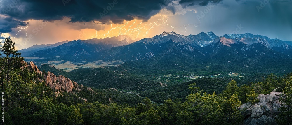 Storm clouds gather over a rugged mountain peak, illuminated by flashes of lightning during a dramatic weather event Storm clouds gather over a rugged mountain peak, illuminated by flashes of lightning during a dramatic weather event