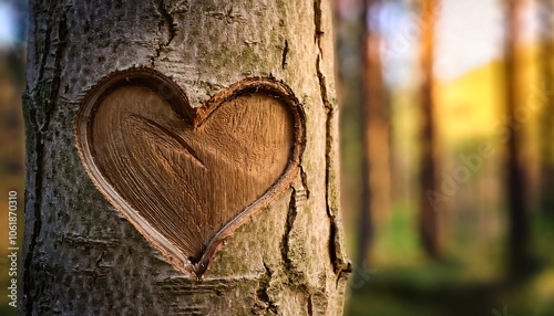 Heart Carved into Tree Trunk in a Serene Forest Setting Symbolizing Love and Connection for Valentine's Day photo