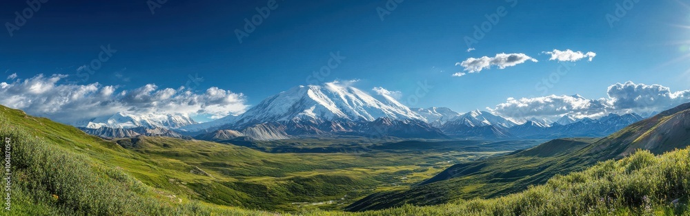 A panoramic view of Denali, the highest peak in North America, surrounded by lush valleys and snow-capped mountains under a clear blue sky A panoramic view of Denali, the highest peak in North America, surrounded by lush valleys and snow-capped mountains under a clear blue sky