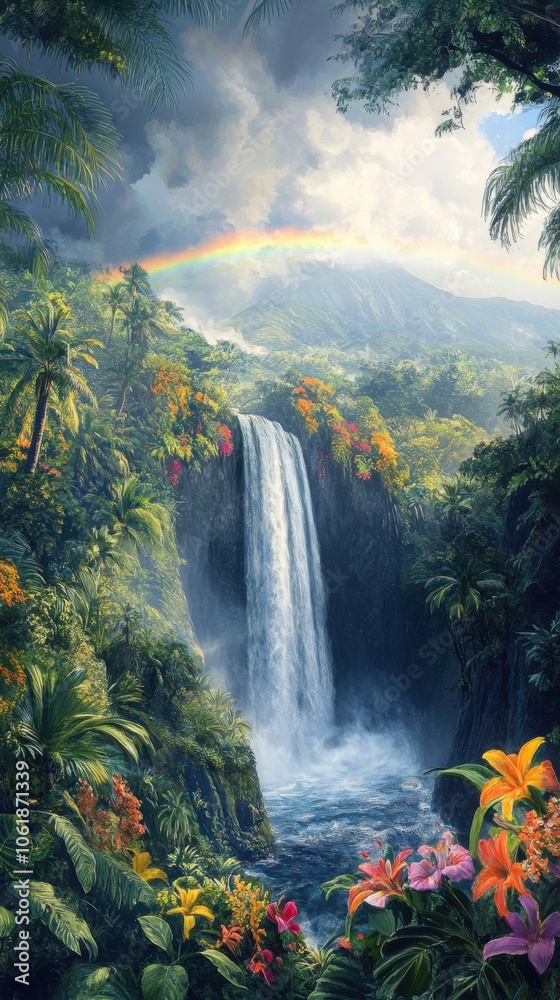A stunning view of the Hana waterfalls surrounded by vibrant flora and a rainbow on a bright day in Hawaii A stunning view of the Hana waterfalls surrounded by vibrant flora and a rainbow on a bright day in Hawaii