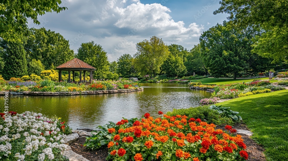 Fototapeta premium A tranquil view of vibrant flowers surrounding a serene pond in Powell's beautiful gardens on a sunny day