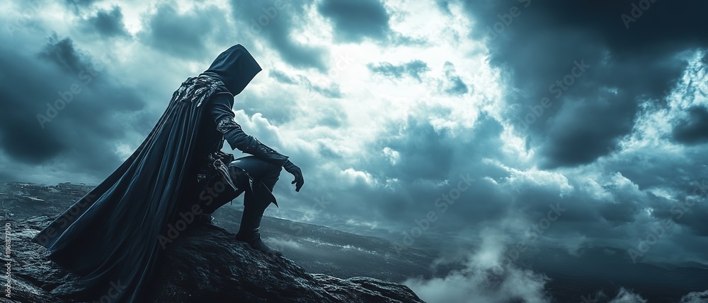 A cloaked figure standing on a rocky ledge overlooking a stormy sky during dusk with swirling clouds A cloaked figure standing on a rocky ledge overlooking a stormy sky during dusk with swirling clouds