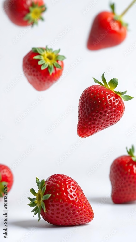 Fresh strawberry floating on white background, juicy, vibrant, delicious Fresh strawberry floating on white background, juicy, vibrant, delicious