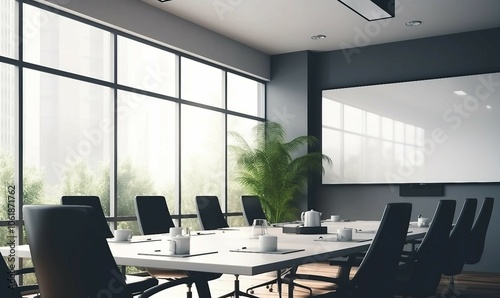 Corporate Office Meeting Room with Projector Screen and Contemporary Table and Chairs Isolated on Transparent Background 
