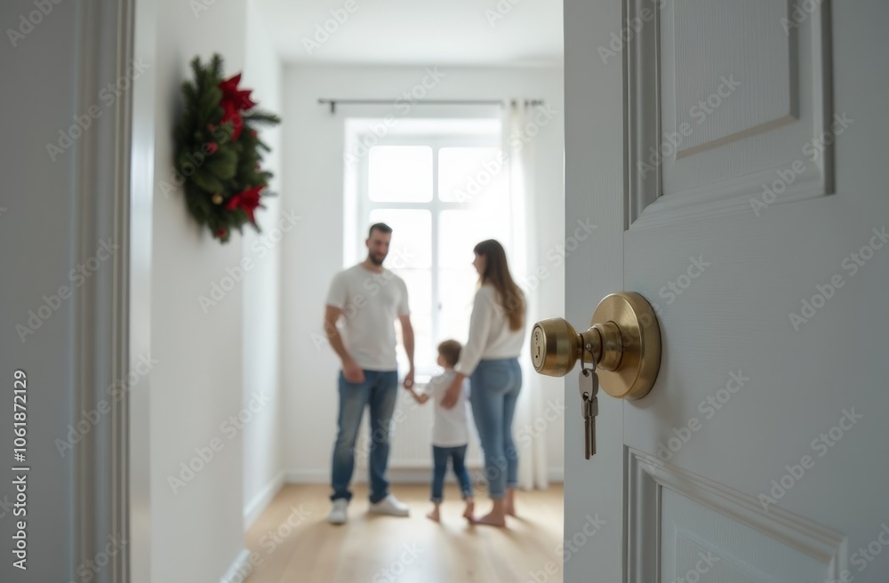 The family moved into their new empty apartment. There was a Christmas wreath hanging on the front door The family moved into their new empty apartment. There was a Christmas wreath hanging on the front door