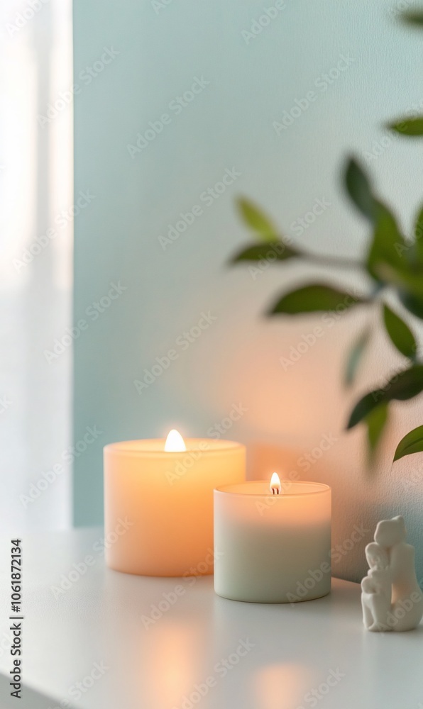 Two burning candles on a white surface with green leaves and a white ornament in the background. Two burning candles on a white surface with green leaves and a white ornament in the background.