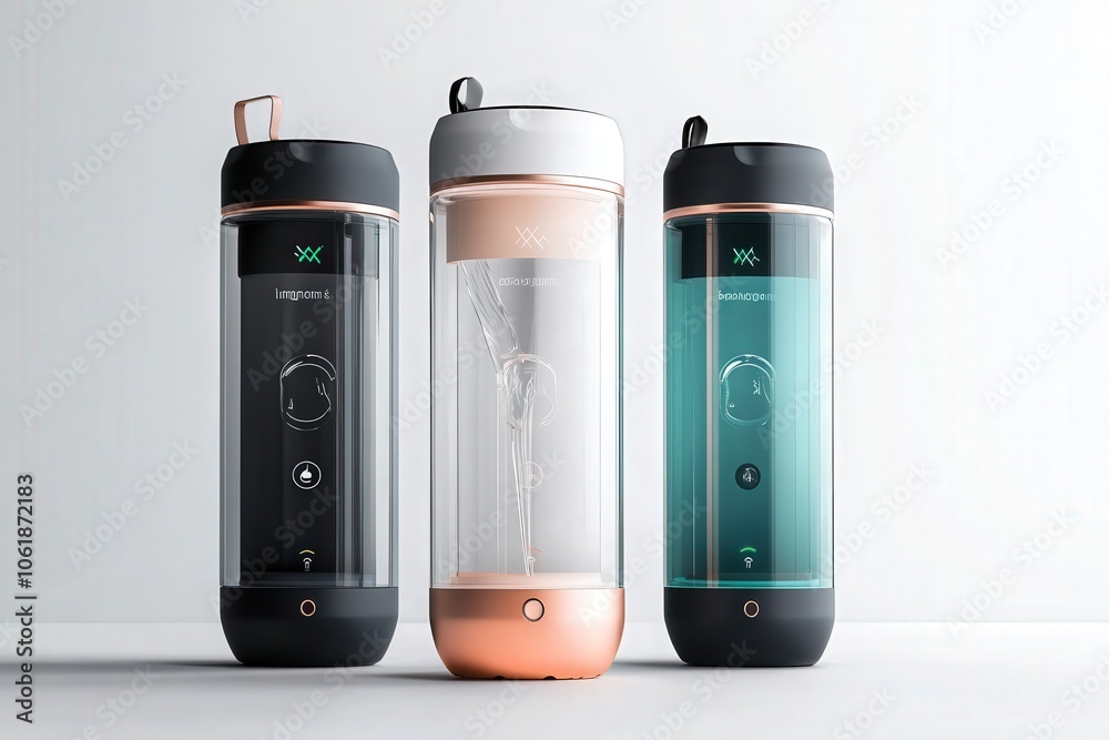 A smart water bottle integrated with a hydration app that seamlessly syncs with fitness trackers, showcasing a modern and innovative design for enhancing personal wellness and hydration management A smart water bottle integrated with a hydration app that seamlessly syncs with fitness trackers, showcasing a modern and innovative design for enhancing personal wellness and hydration management