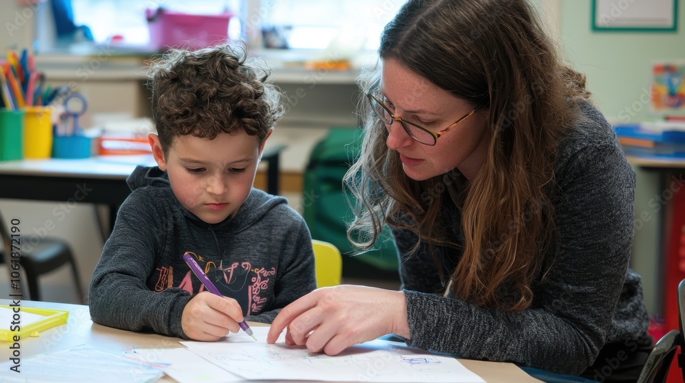 Teacher reviewing homework with focused elementary student in classroom, promoting learning through personalized attention Teacher reviewing homework with focused elementary student in classroom, promoting learning through personalized attention