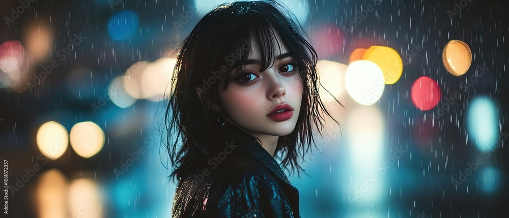 A young woman stands in the rain on a city street, capturing the atmosphere of a rainy night with city lights in the background A young woman stands in the rain on a city street, capturing the atmosphere of a rainy night with city lights in the background