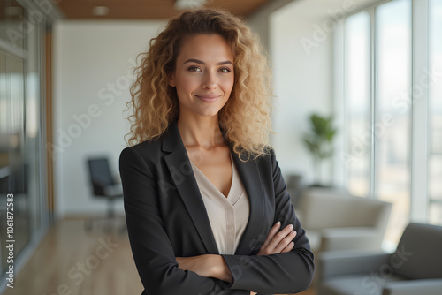 Smiling confident young businesswoman looking at camera standing in office. Elegant stylish corporate leader successful ceo executive manager.