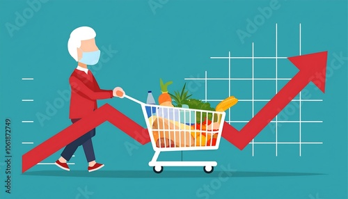 Man pushing shopping cart of groceries up line chart arrow resembling infaltion crisis  photo