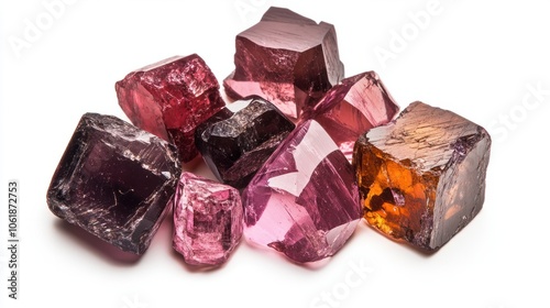 Assorted spinel gemstones in radiant hues with unique cuts, isolated on a white background