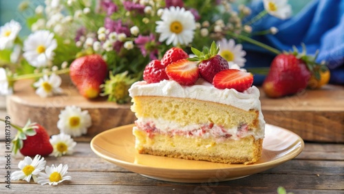 A single slice of vanilla cake, decorated with fresh strawberries and whipped cream, sits on a yellow plate, the background blurred with a bouquet of wildflowers.