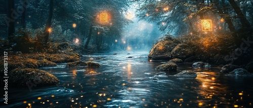 A serene forest stream illuminated by glowing orbs during the twilight hours of early evening