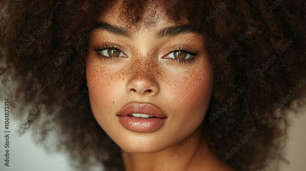 Closeup portrait of a young woman with freckles and full lips, looking directly at the camera. Closeup portrait of a young woman with freckles and full lips, looking directly at the camera.