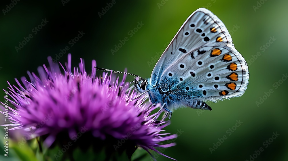Obraz premium A blue butterfly with orange spots rests on a purple flower.