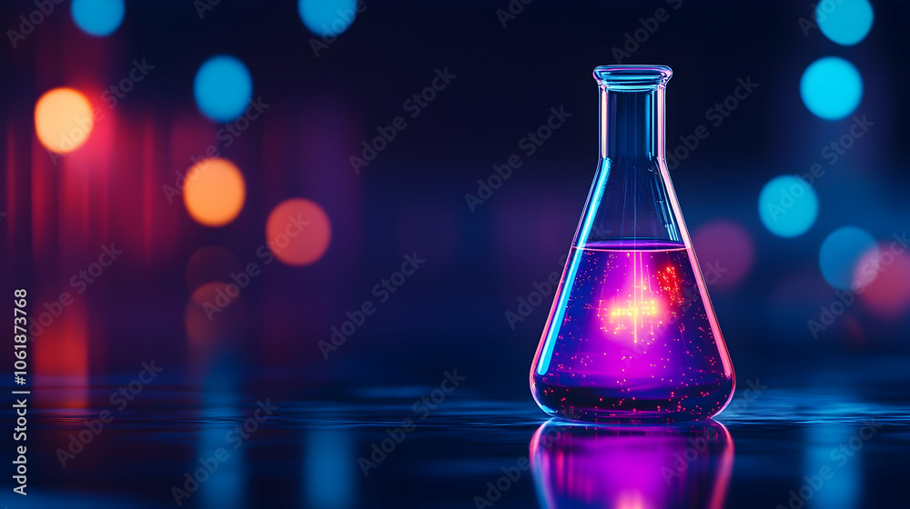 Glowing Chemical Flask In Neon Lights, Erlenmeyer Flask, Laboratory, Science, Chemistry, Experiment Glowing Chemical Flask In Neon Lights, Erlenmeyer Flask, Laboratory, Science, Chemistry, Experiment