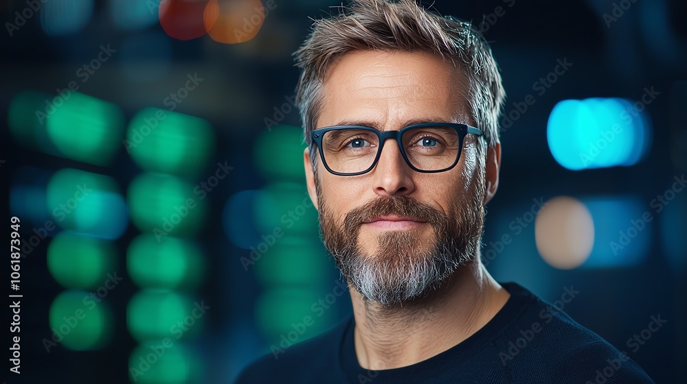 A man with a beard and glasses looks directly at the camera. He is wearing a black shirt. The background is blurred and features blue and green lights. A man with a beard and glasses looks directly at the camera. He is wearing a black shirt. The background is blurred and features blue and green lights.