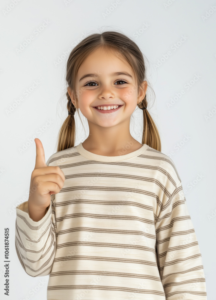 Joyful 8-Year-Old girl with pigtails wearing a white and beige striped T-Shirt pointing Upward on white background Joyful 8-Year-Old girl with pigtails wearing a white and beige striped T-Shirt pointing Upward on white background