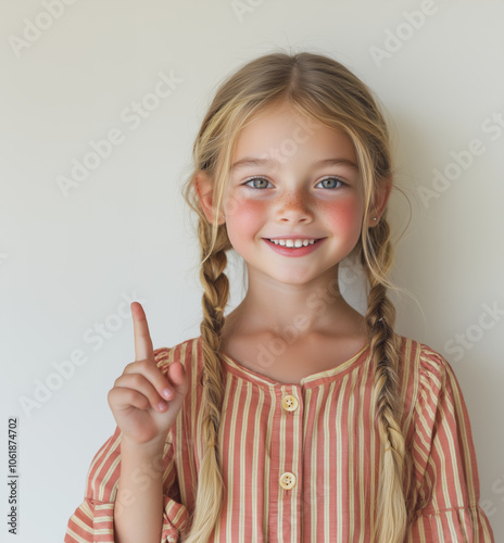 Joyful 8-Year-Old White Girl with Pigtails Pointing Upward on White Background