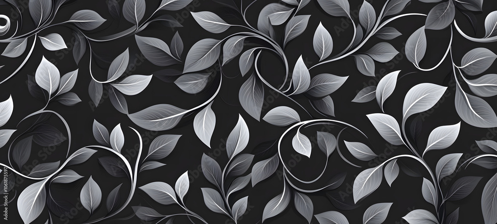 black and white seamless pattern with leaves and curls. Monochrome black and white seamless pattern with leaves and curls. Monochrome
