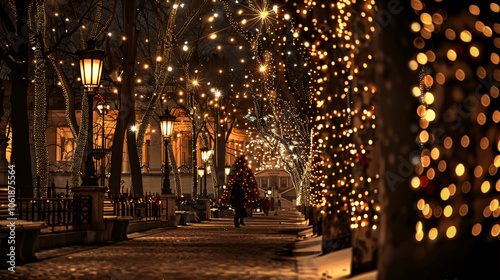 Street in a Christmas night, Street decorated for Christmas