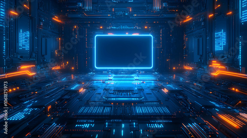 Futuristic Circuit Board with Glowing Screen, motherboard, technology, neon, digital, abstract