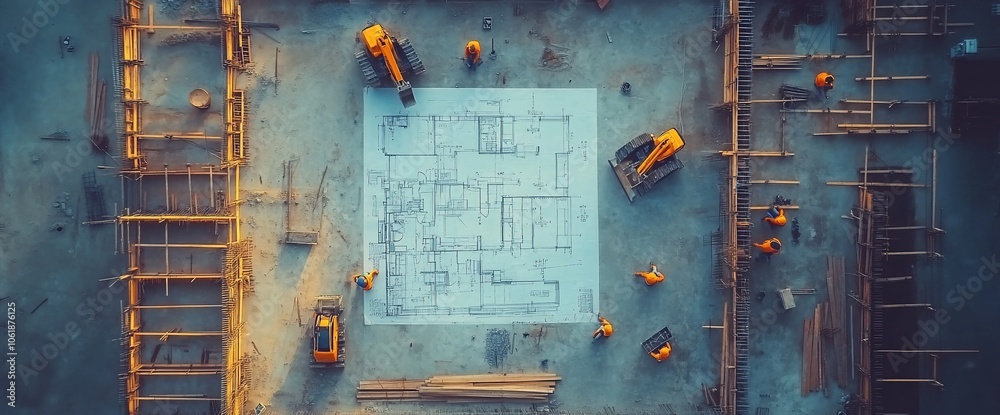 An aerial view of a construction site with a blueprint in the middle, surrounded by workers and machinery. An aerial view of a construction site with a blueprint in the middle, surrounded by workers and machinery.