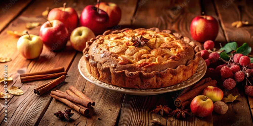 A rustic wooden table scene with a golden brown apple pie surrounded by cinnamon sticks, star anise, and apples, creating a warm and inviting ambiance. A rustic wooden table scene with a golden brown apple pie surrounded by cinnamon sticks, star anise, and apples, creating a warm and inviting ambiance.