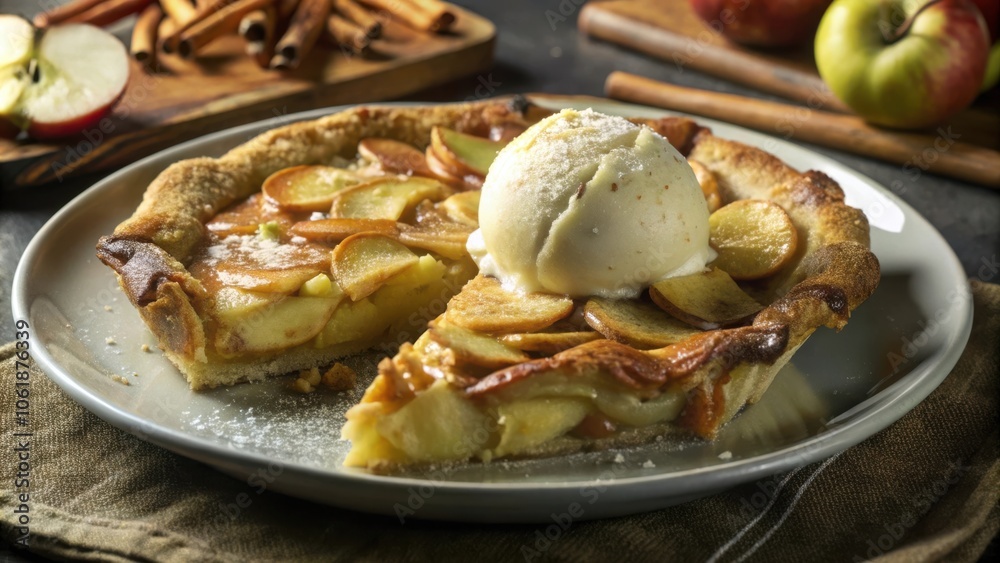 A slice of warm apple pie topped with a scoop of vanilla ice cream, dusted with powdered sugar and served on a rustic gray plate A slice of warm apple pie topped with a scoop of vanilla ice cream, dusted with powdered sugar and served on a rustic gray plate