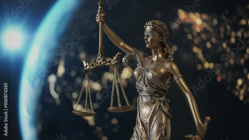 Lady Justice statue with earth from space as background. International Law and justice concept. Legal system.